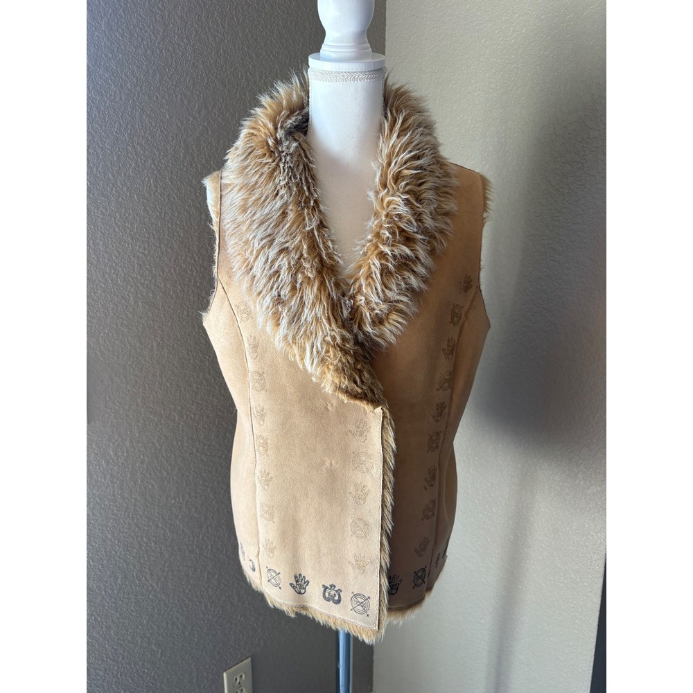 Style & Co Womens Medium Tan Faux Suede Fur Trim Vest Celestial Graphic Print